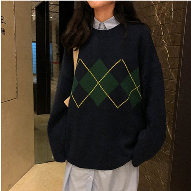 Korean College Style Autumn Winter Geometric Pattern Argyle Pullovers Loose Oversized O-Neck Knitted Sweaters Woman Jumper Mujer