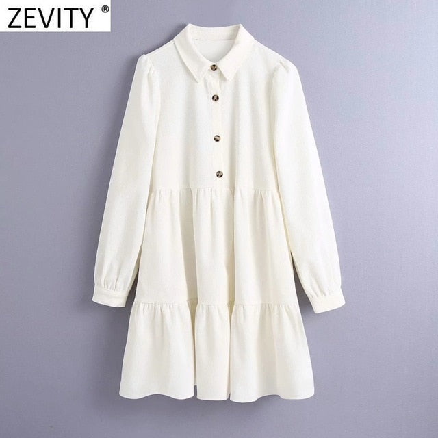Zevity Women Vintage Solid Color Pleats Corduroy Mini Dress Female Long Sleeve Casual Business Vestido Chic Shirt Dresses DS4817