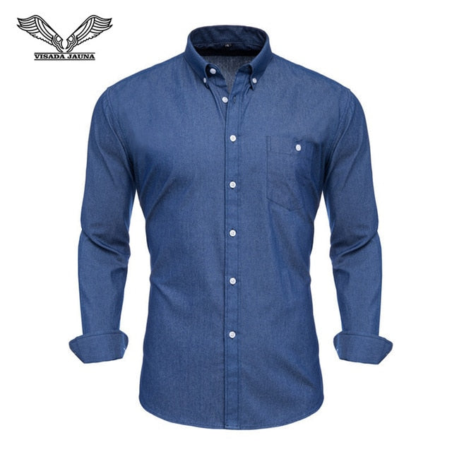 VISADA JAUNA US Europe XXL 2018 Men Shirt Solid Color Cotton Casual Business Male Brand Clothing Chemise Homme Blue Dress