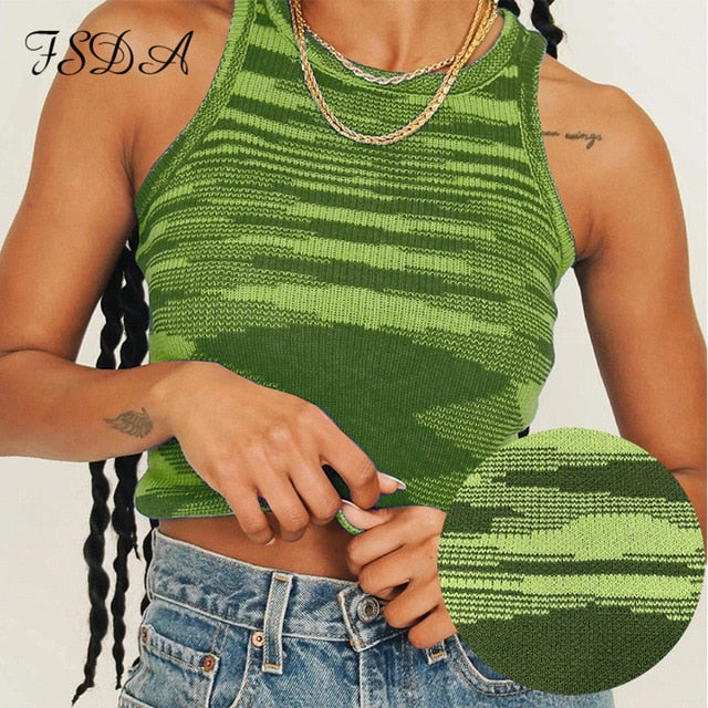 FSDA 2021 Knit Crop Top Women Sleeveless Y2K Basic T Shirts Casual Summer Off Shoulder Blue O Neck Tank Top Vintage Fashion